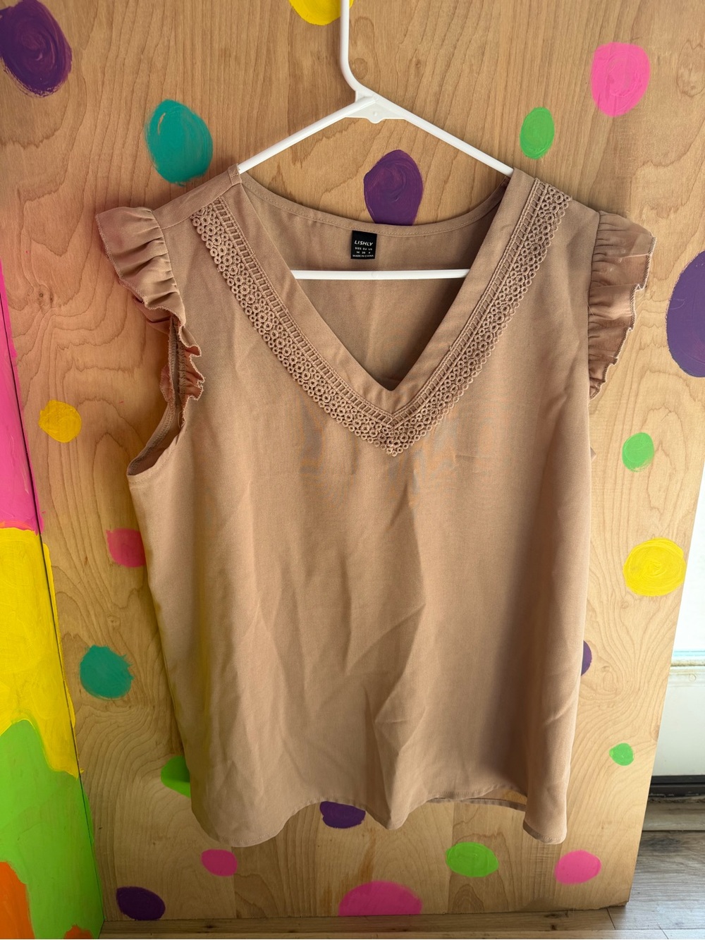 SHEIN Camel Ruffle Sleeve V-Neck Blouse